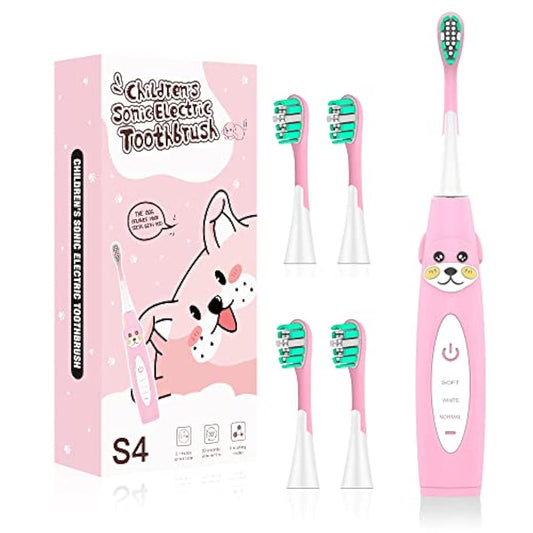 어린이용 전동 칫솔,KiVOS 초음파 전동 칫솔 저 소음 USB충전 IPX6 급방수 3모드 변환 사내 아이용 소녀용 2 분오토 타이머 기능 탑재 S4 4개 교환 브러시 (Pink)