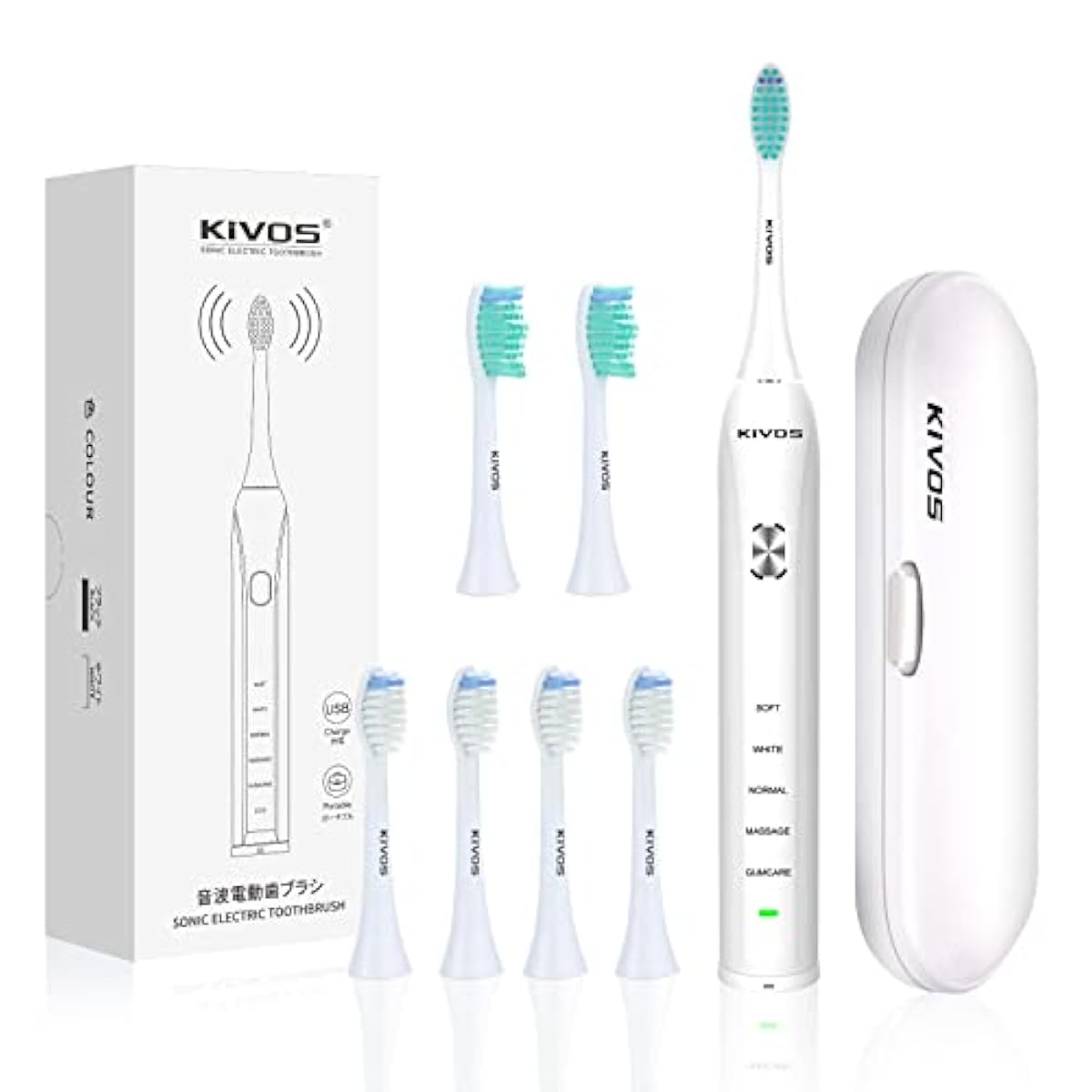 전동 칫솔 KiVOS 초음파 칫솔 소닉 USB충전식 IPX7방수 5모드 칫솔 연마 저 노이즈 S5302 화이트(6개 교환 브러시+트래블 케이스 포함 와) 1년 보장