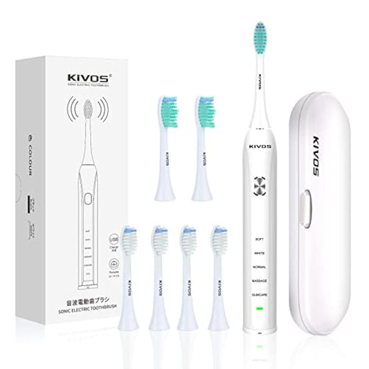전동 칫솔 KiVOS 초음파 칫솔 소닉 USB충전식 IPX7방수 5모드 칫솔 연마 저 노이즈 S5302 화이트(6개 교환 브러시+트래블 케이스 포함 와) 1년 보장