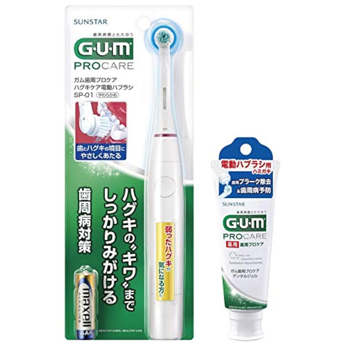GUM(껌) 치주프로 케어 하구기 케어 전동 브러쉬 SP-01 +전동 브러쉬용 덴탈 젤 65g 세트 본체+전동 브러쉬용