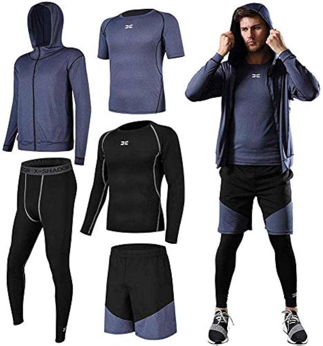 TOFULM Compression 웨어 세트 스포츠 웨어 맨즈 반소매 긴 소매 흡한 속건 자세 교정 스포츠 웨어 타이츠 파커 하프 팬츠 춘하추동전년 대응 5점 세트
